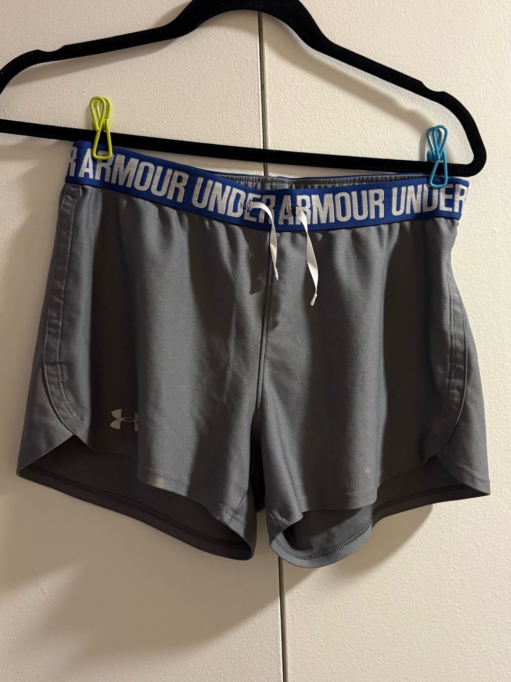 Under Armour Women's Gray Athletic Shorts with Blue Branded Waistband